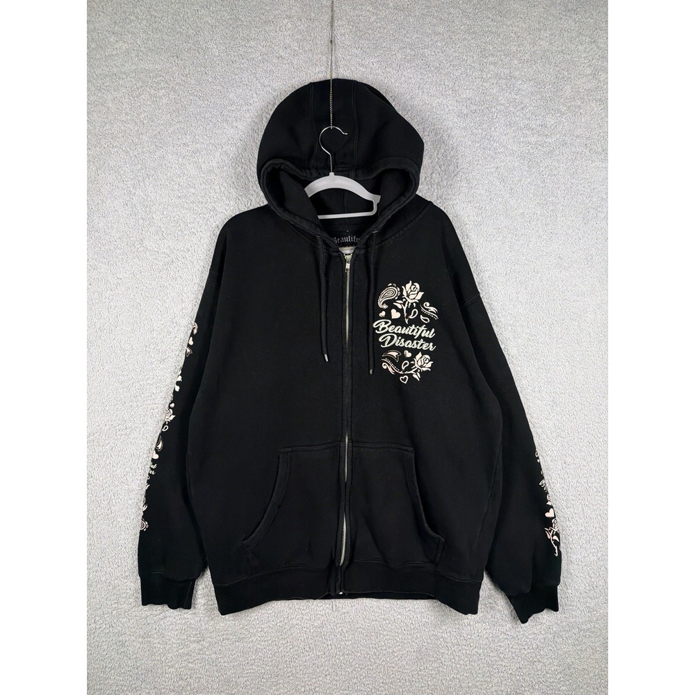 Beautiful Disaster Women's Curvy 1X Zip Hoodie Skull Roses Graphic Black